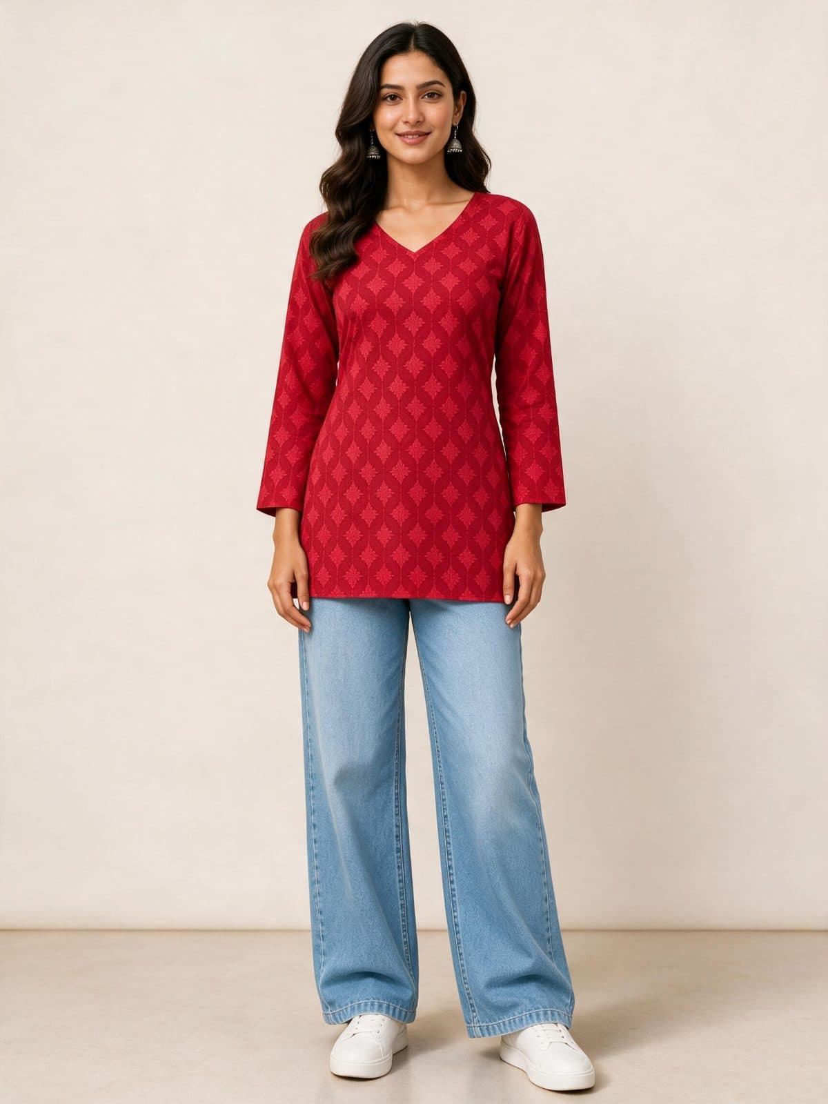 Tonal Geometric Print V-Neck Short Kurti