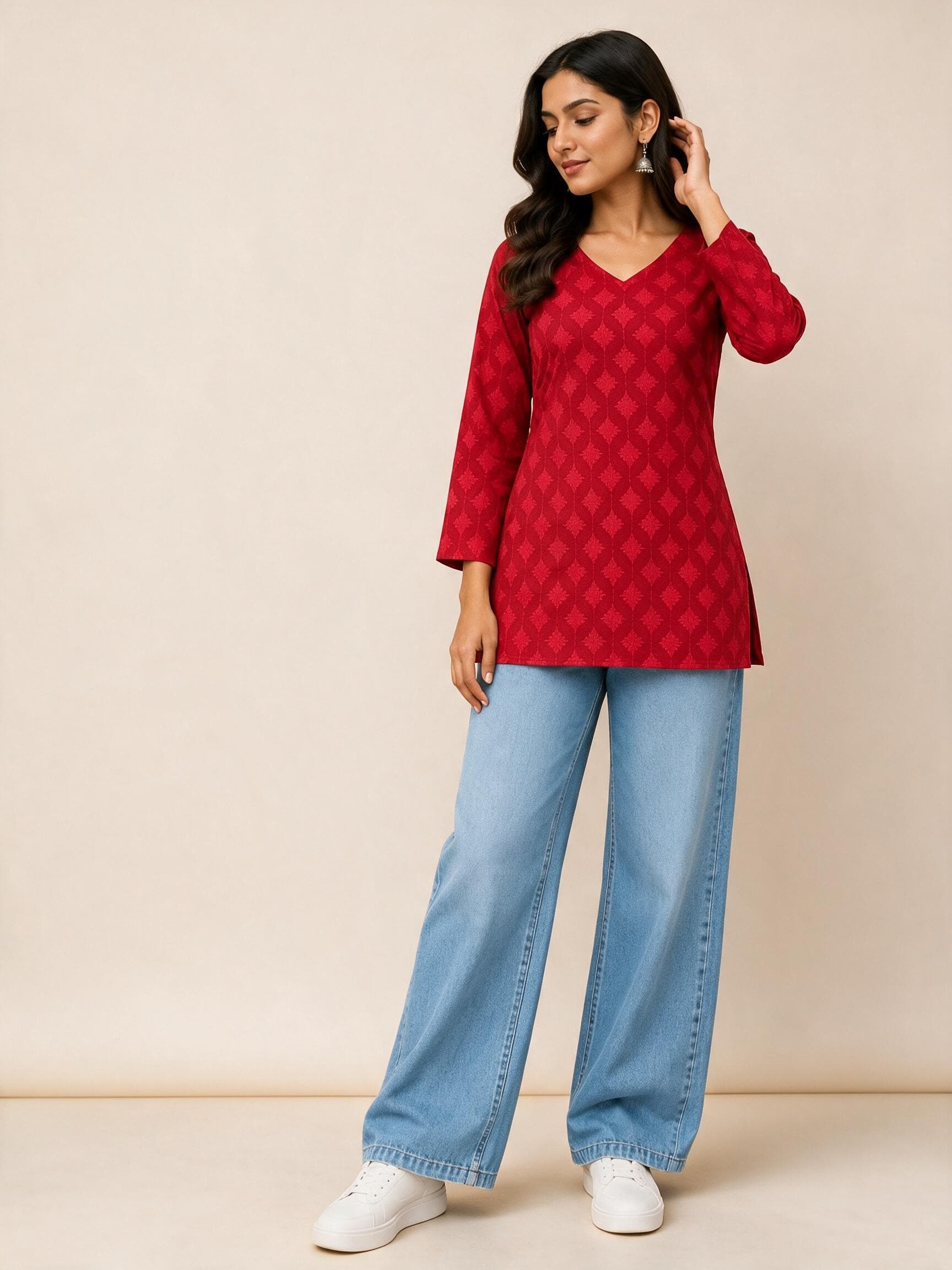 Tonal Geometric Print V-Neck Short Kurti