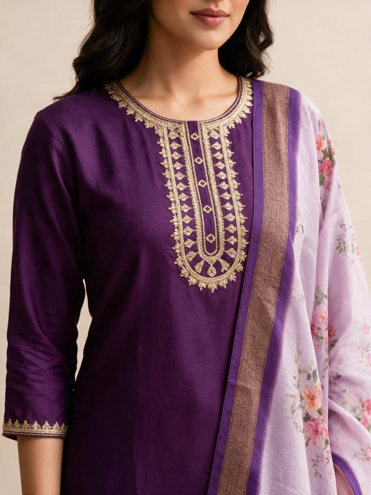Embroidered Kurta Set with Floral Dupatta