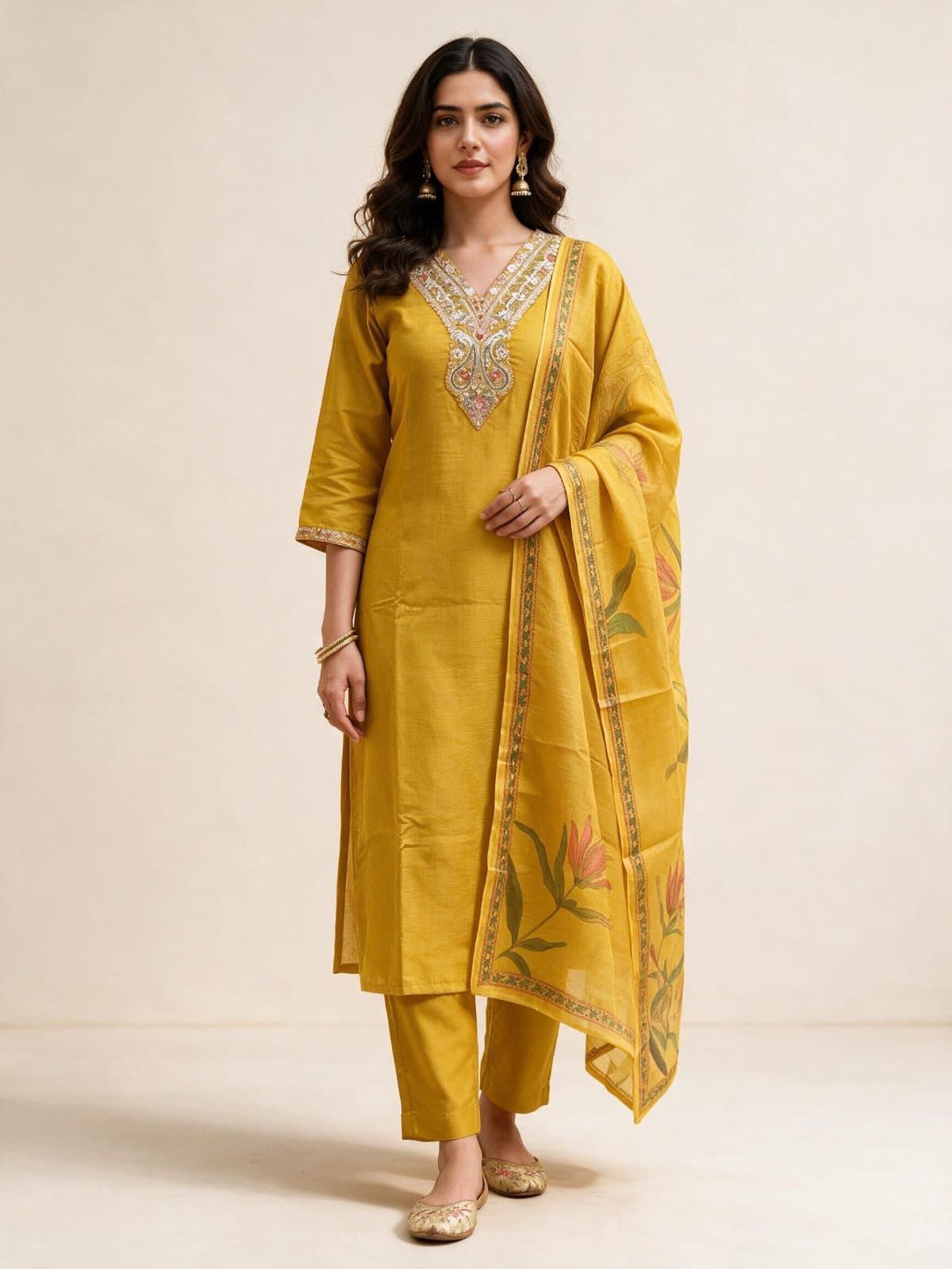Embroidered V-Neck Kurta Set with Floral Dupatta