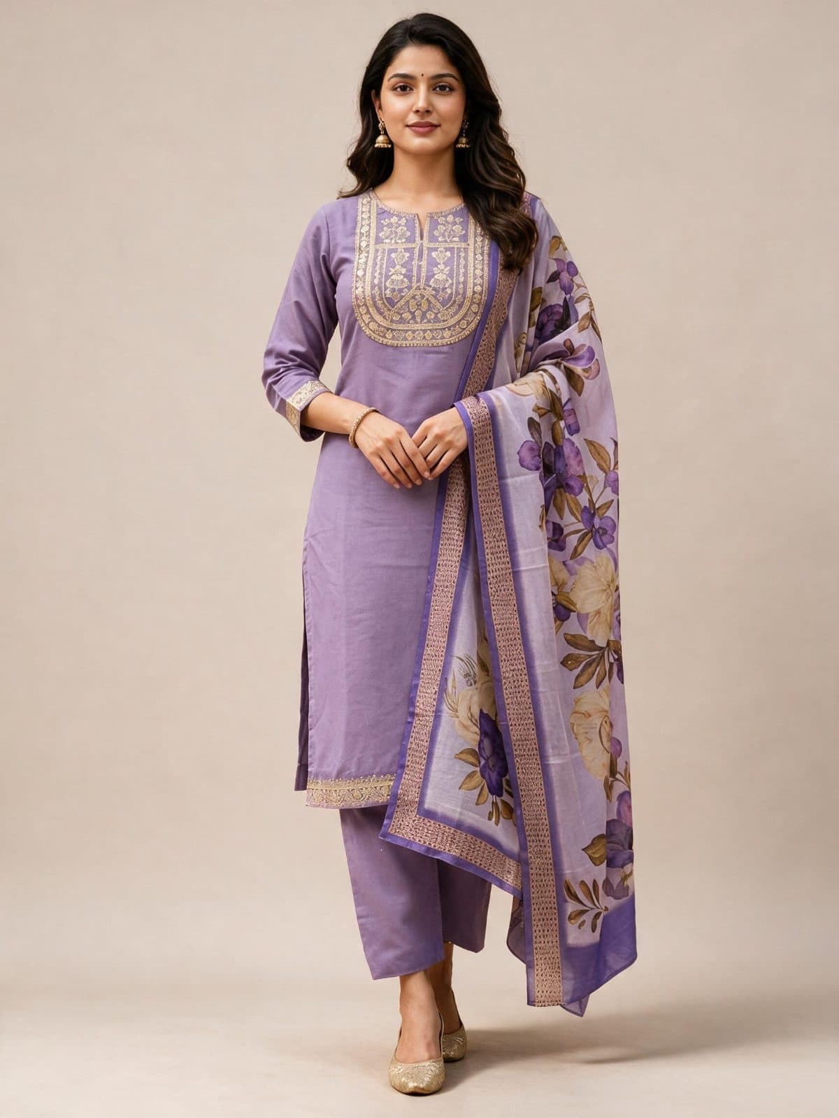 Gold-Embroidered Kurta Set with Floral Dupatta
