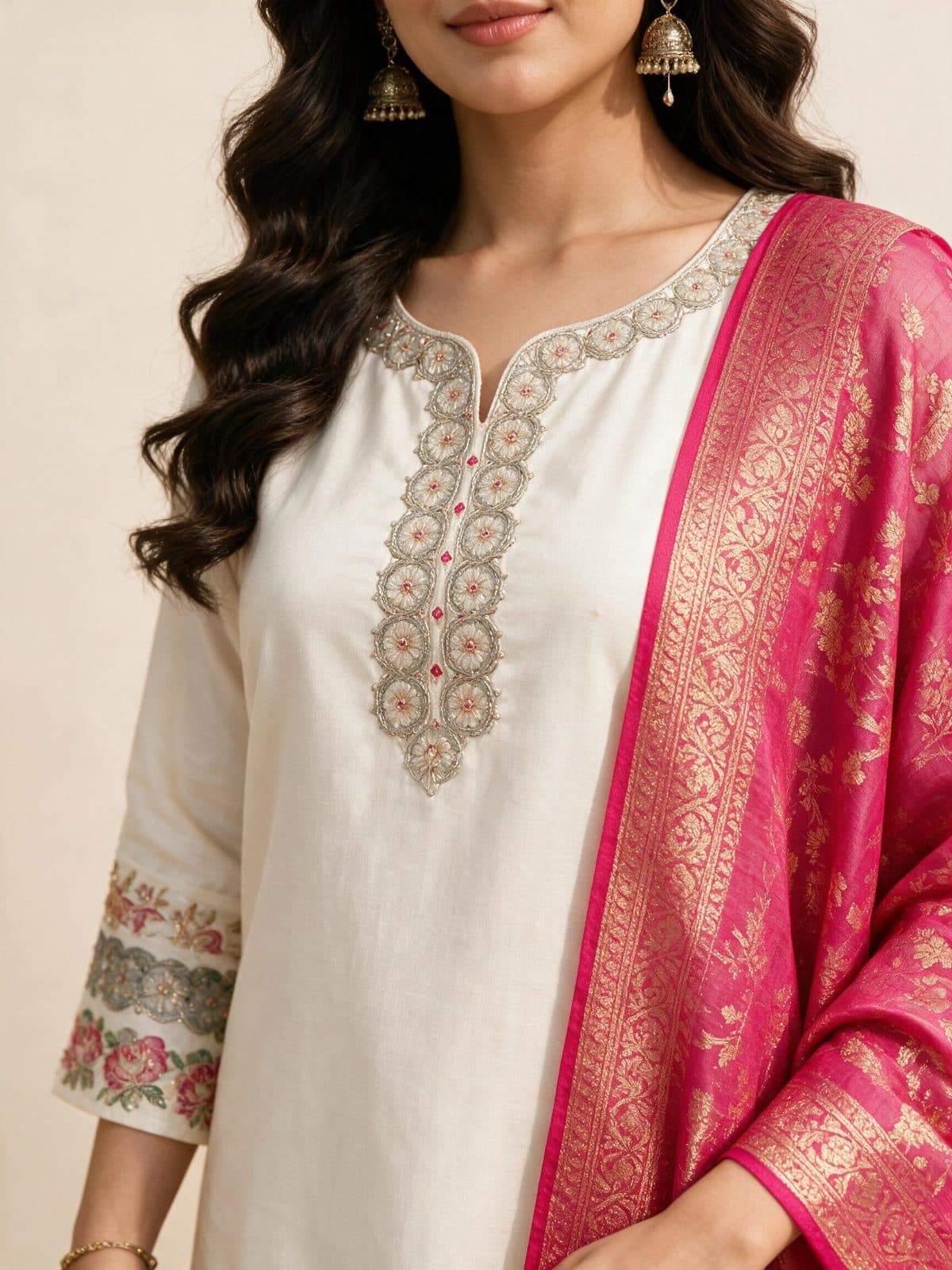 Embroidered Kurta Set with Pink Woven Dupatta