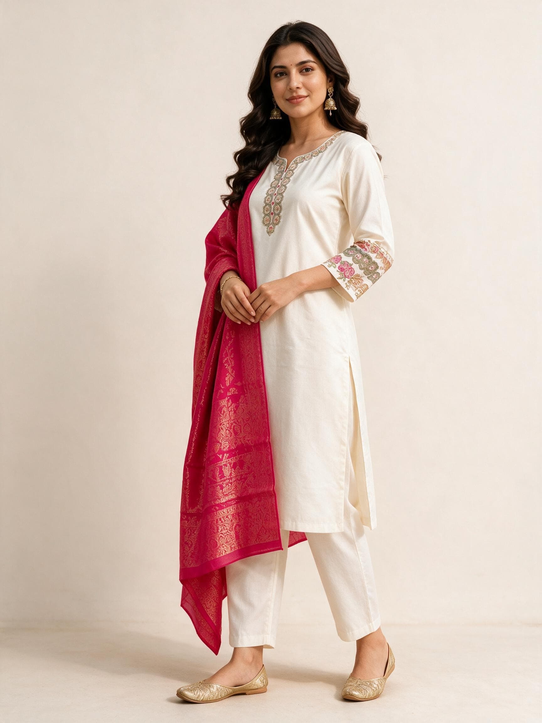 Embroidered Kurta Set with Pink Woven Dupatta