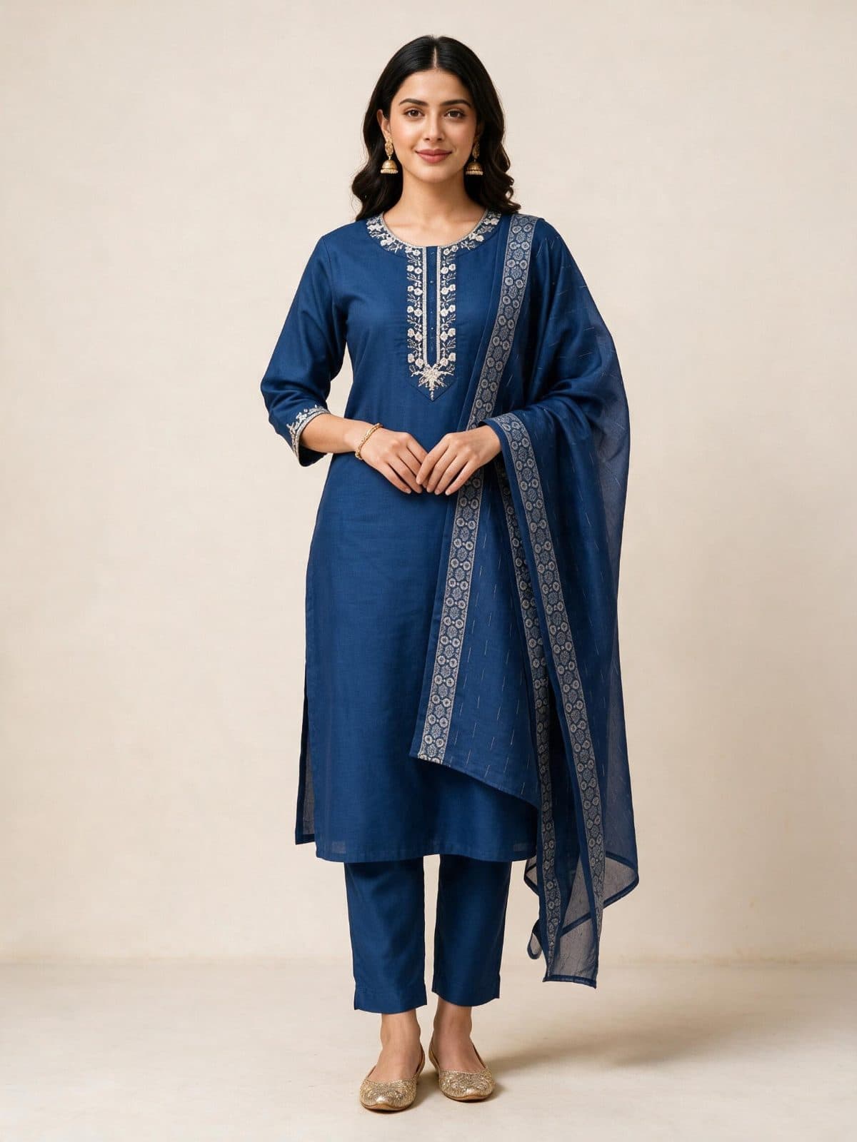 Silver-Embroidered Kurta Set with Dupatta