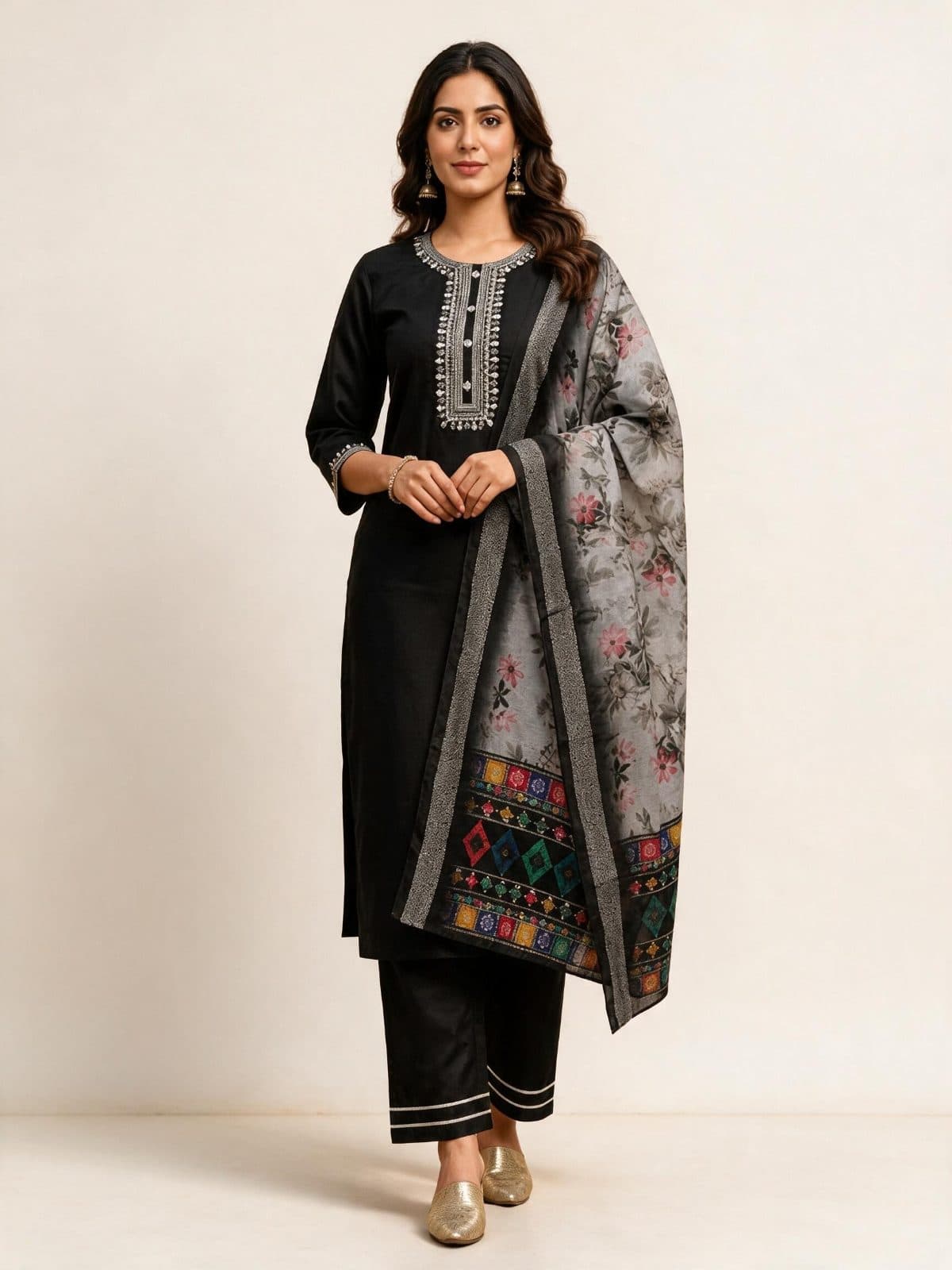 Embroidered Kurta Set with Multi-Color Border Floral Dupatta