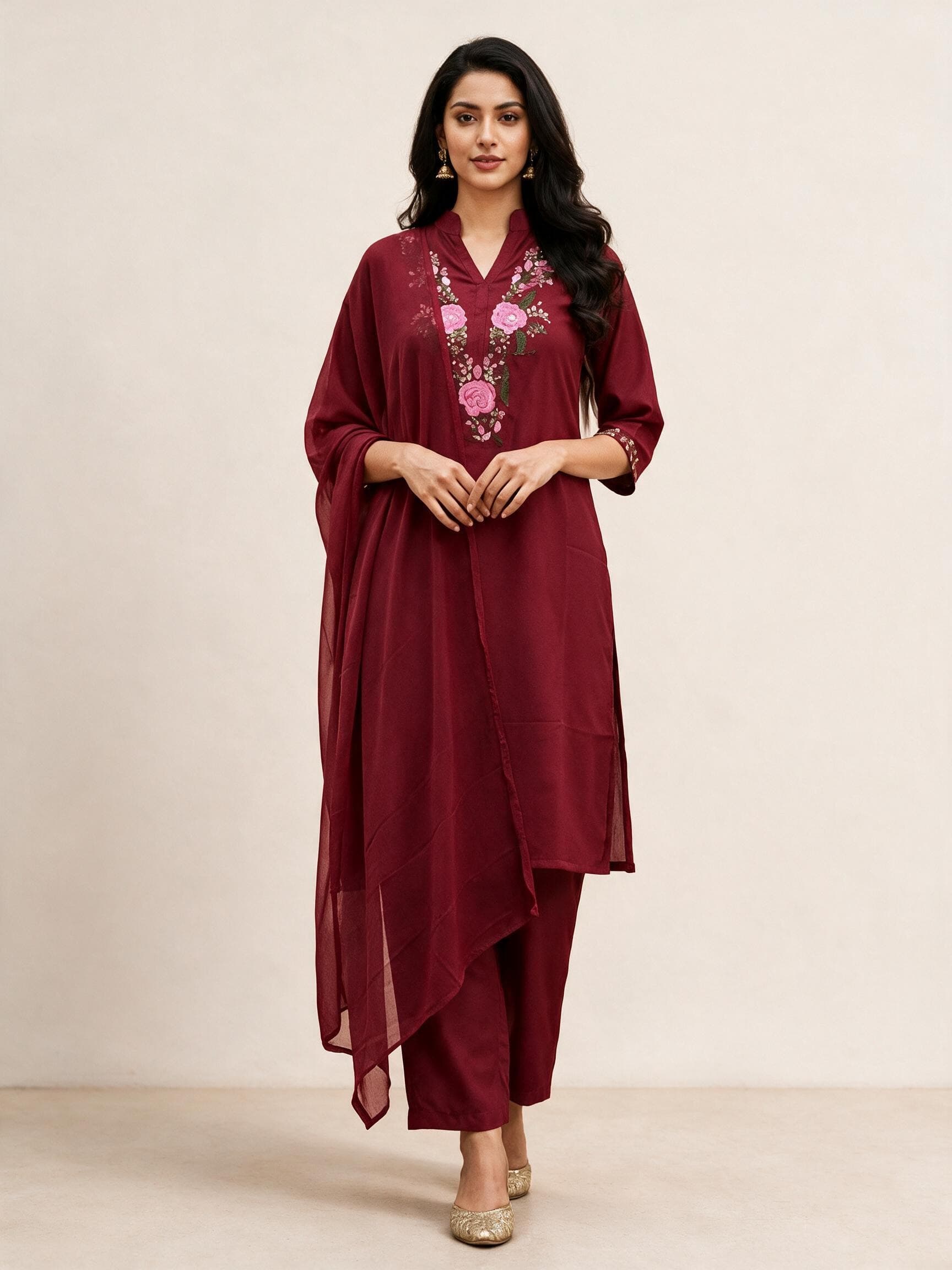 Floral Embroidered Kurta Set with Sheer Dupatta