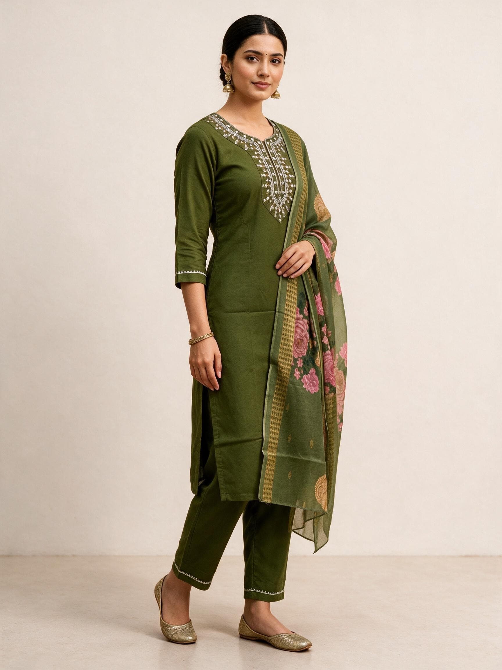 Embroidered Kurta Set with Floral Dupatta