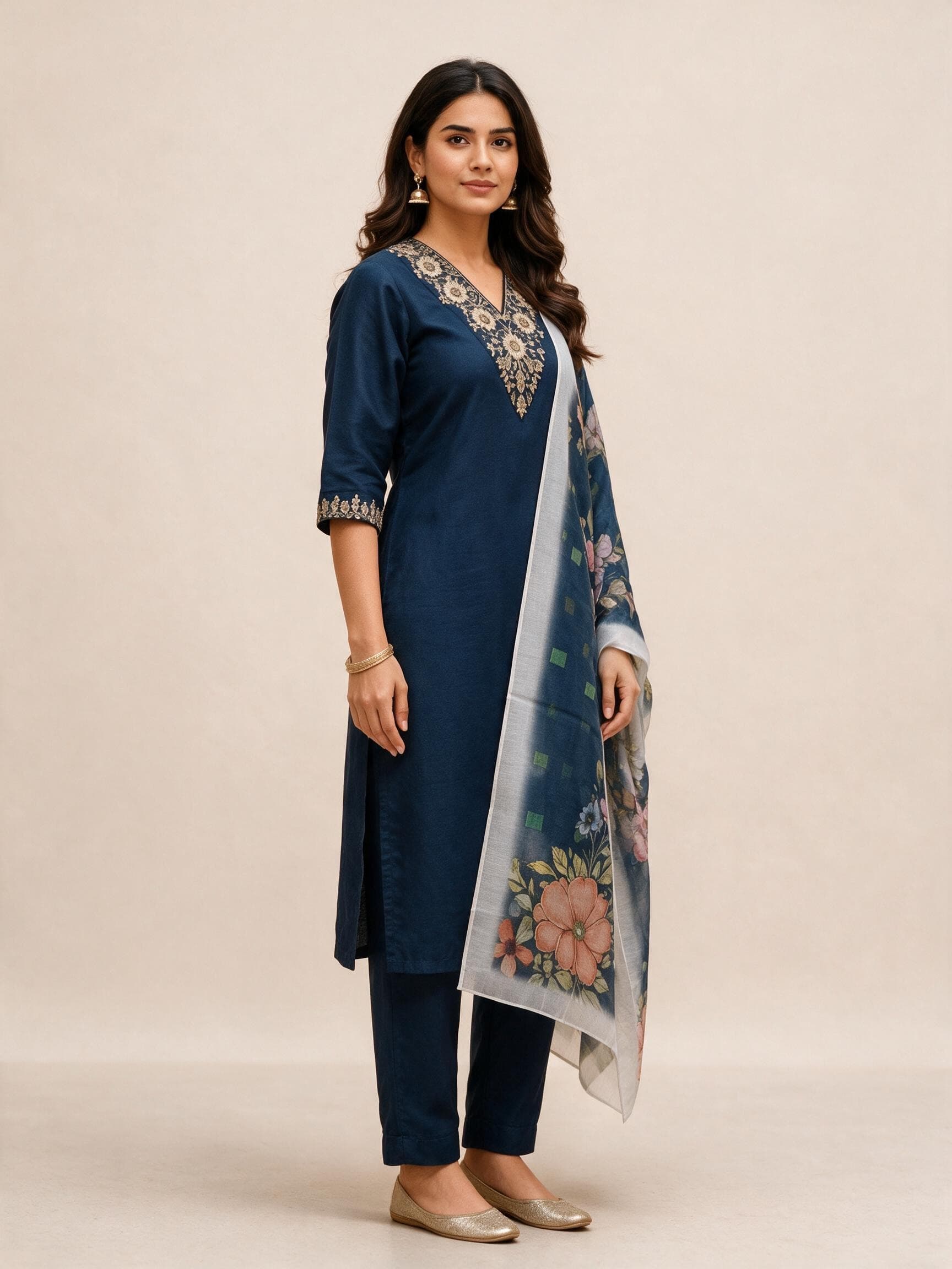 Embroidered V-Neck Kurta Set with Floral Dupatta