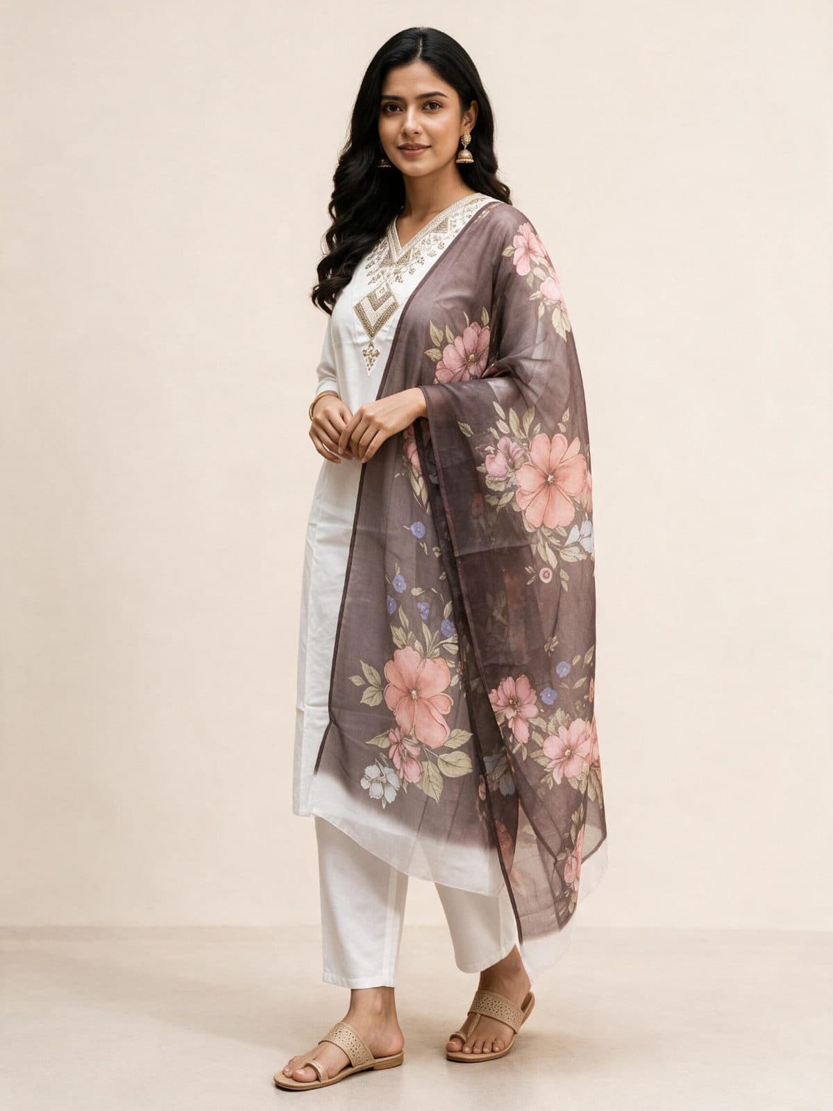 Embroidered V-Neck Kurta Set with Floral Dupatta