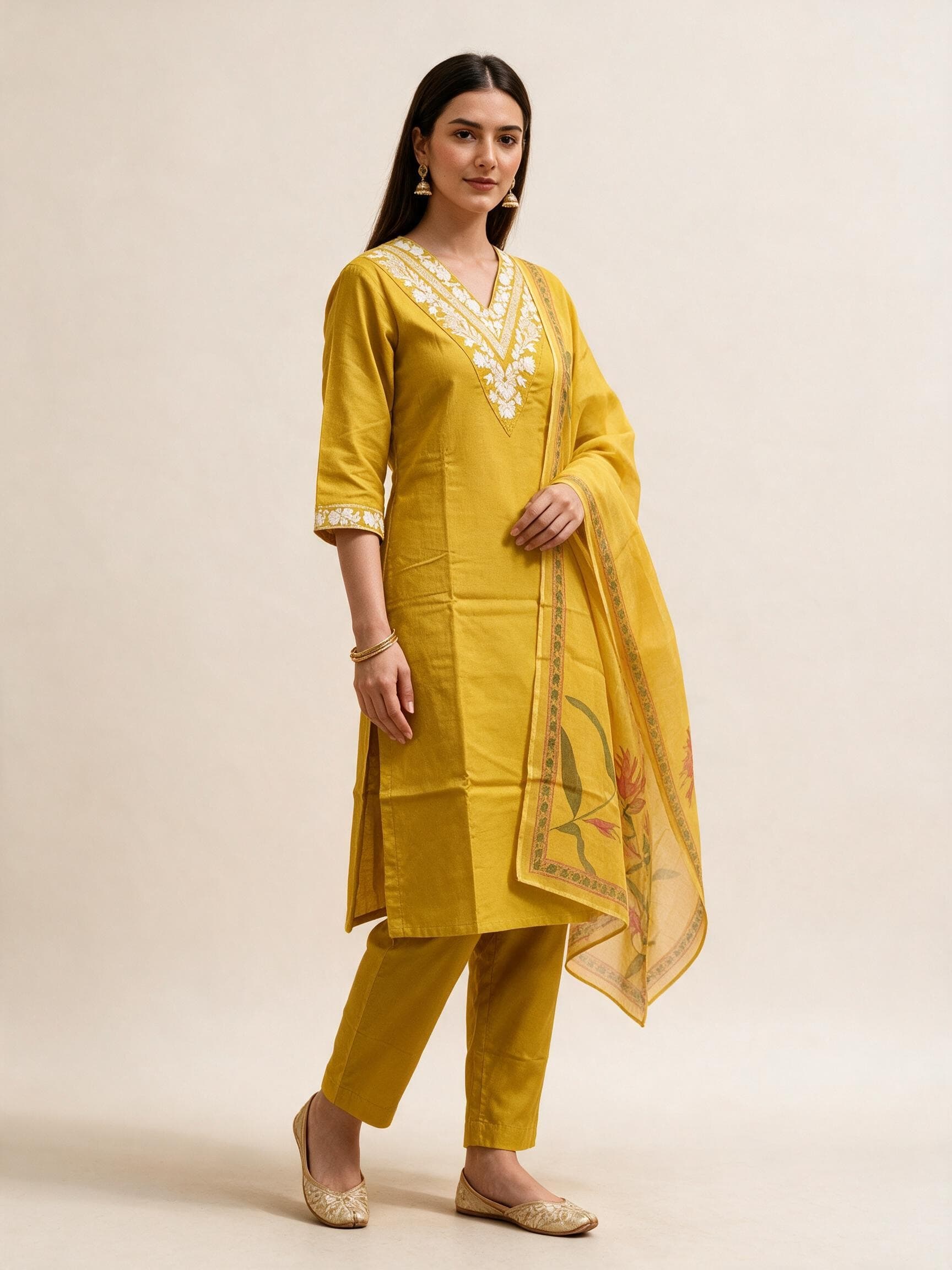 White-Embroidered V-Neck Kurta Set with Floral Dupatta