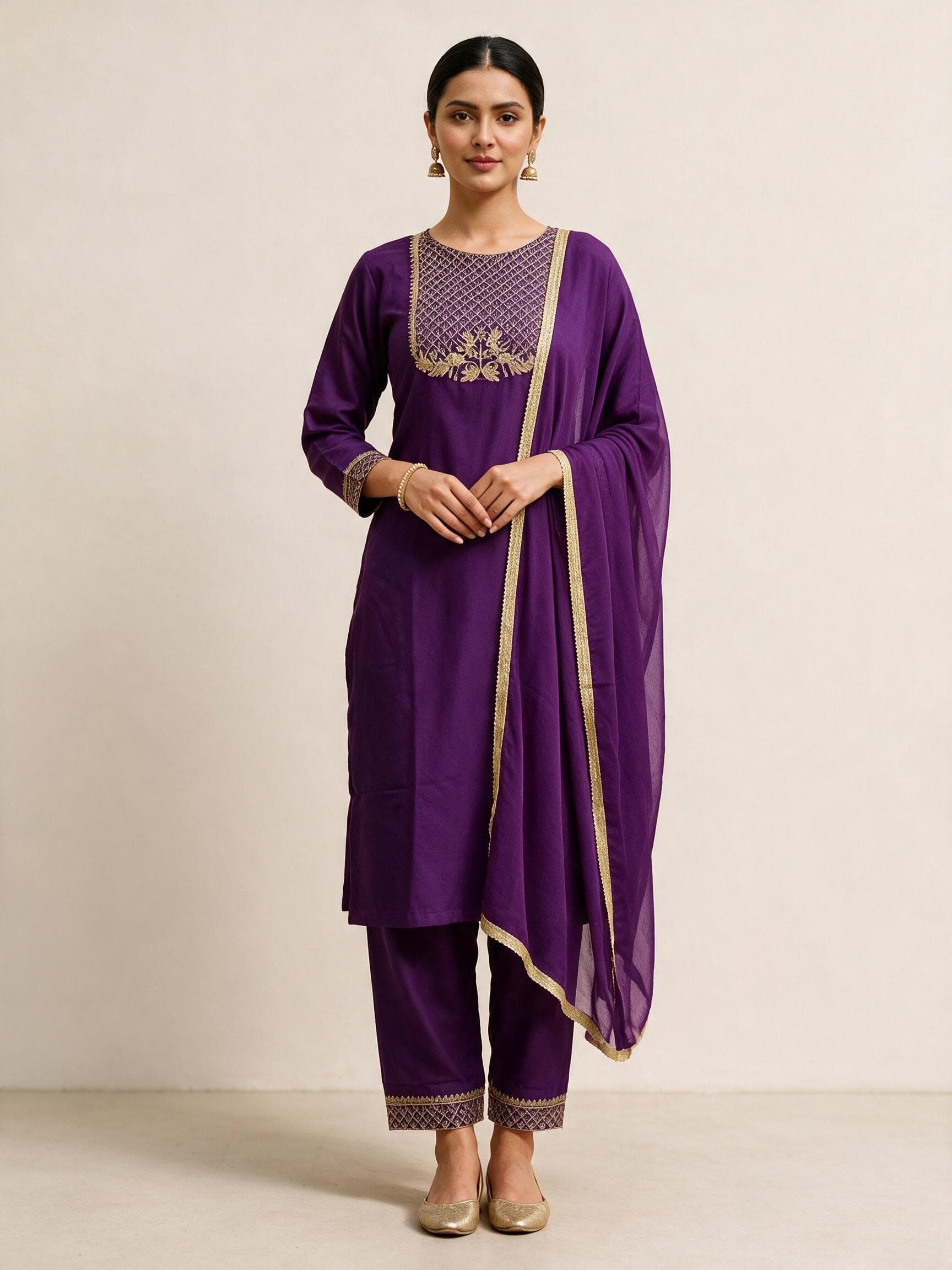 Gold-Embroidered Kurta Set with Sheer Dupatta