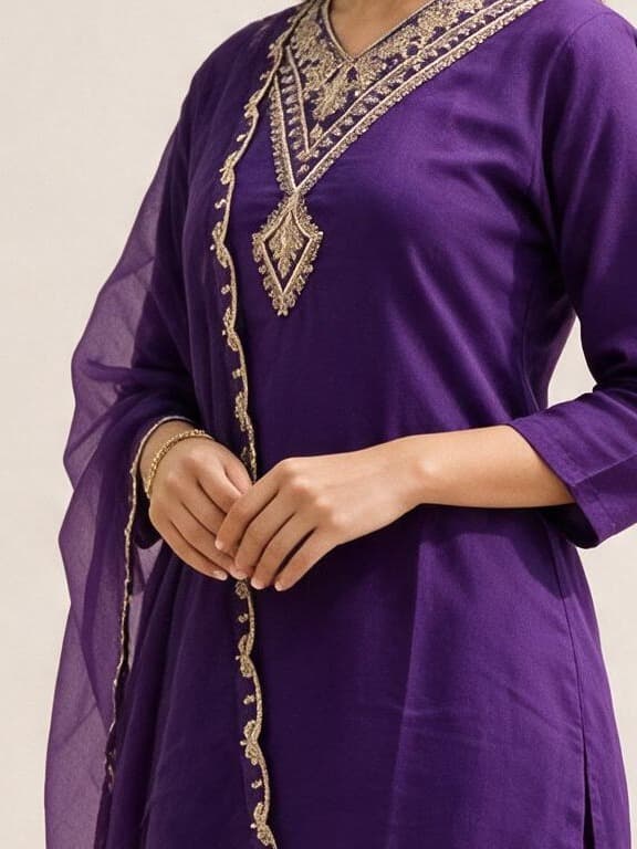 V-Neck Embroidered Kurta Set with Scalloped Dupatta