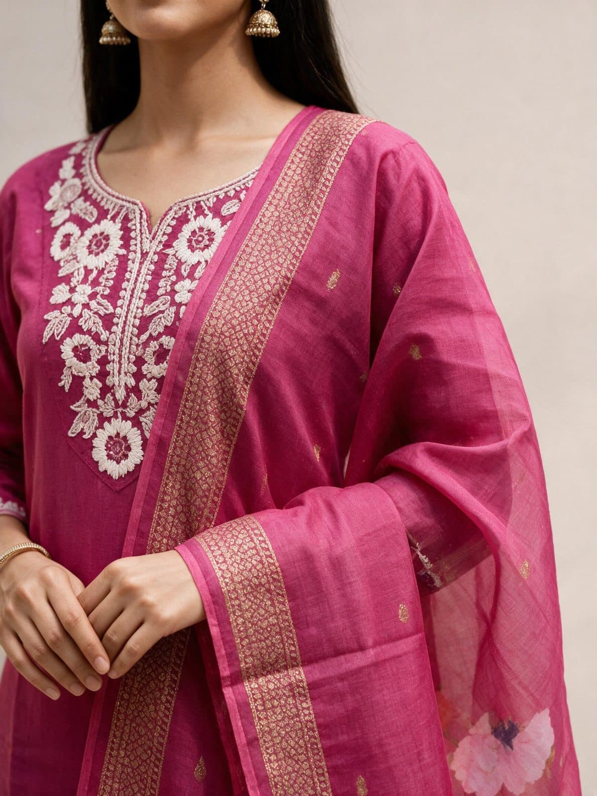 White-Embroidered Kurta Set with Bordered Dupatta