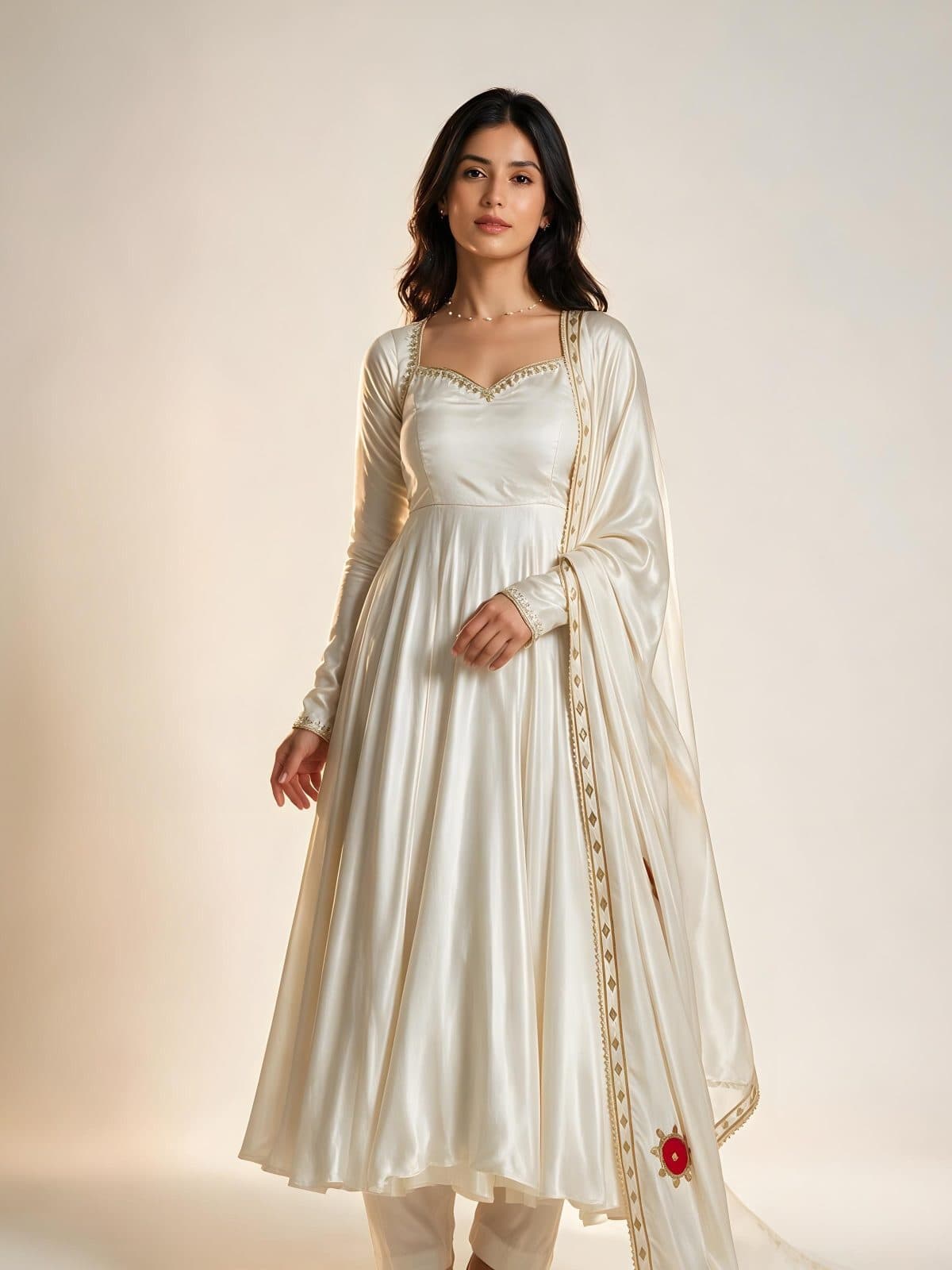 Pearl White Satin Silk Anarkali Suit Set with Dupatta