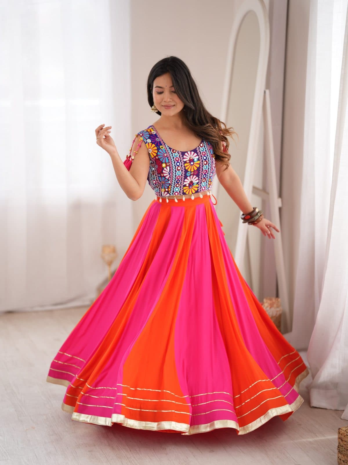 Embroidered Mirror-Work Blouse with Pink & Orange Flared Lehenga