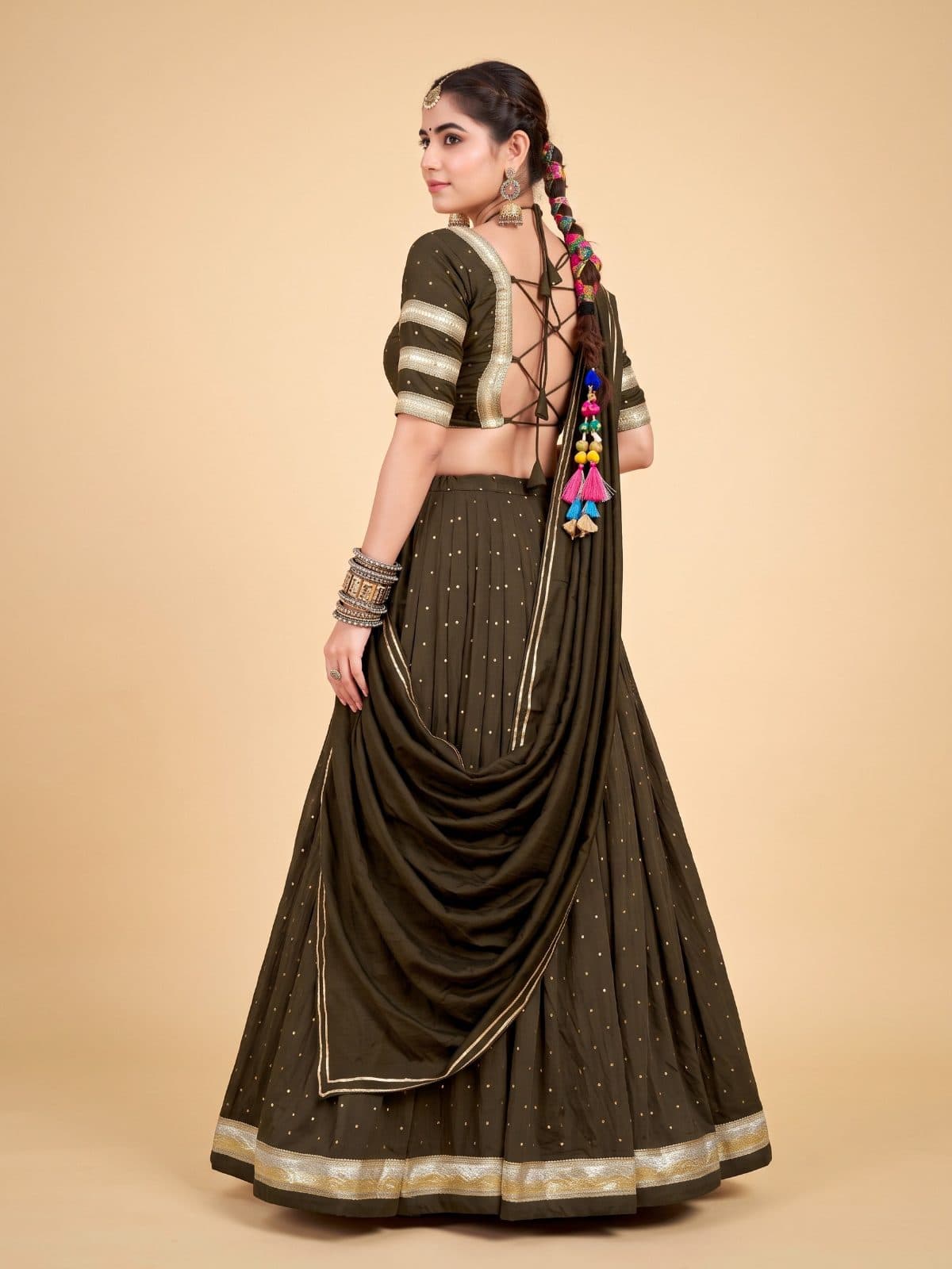 Olive Green Foil Print Festive Lehenga Choli with Metallic Borders