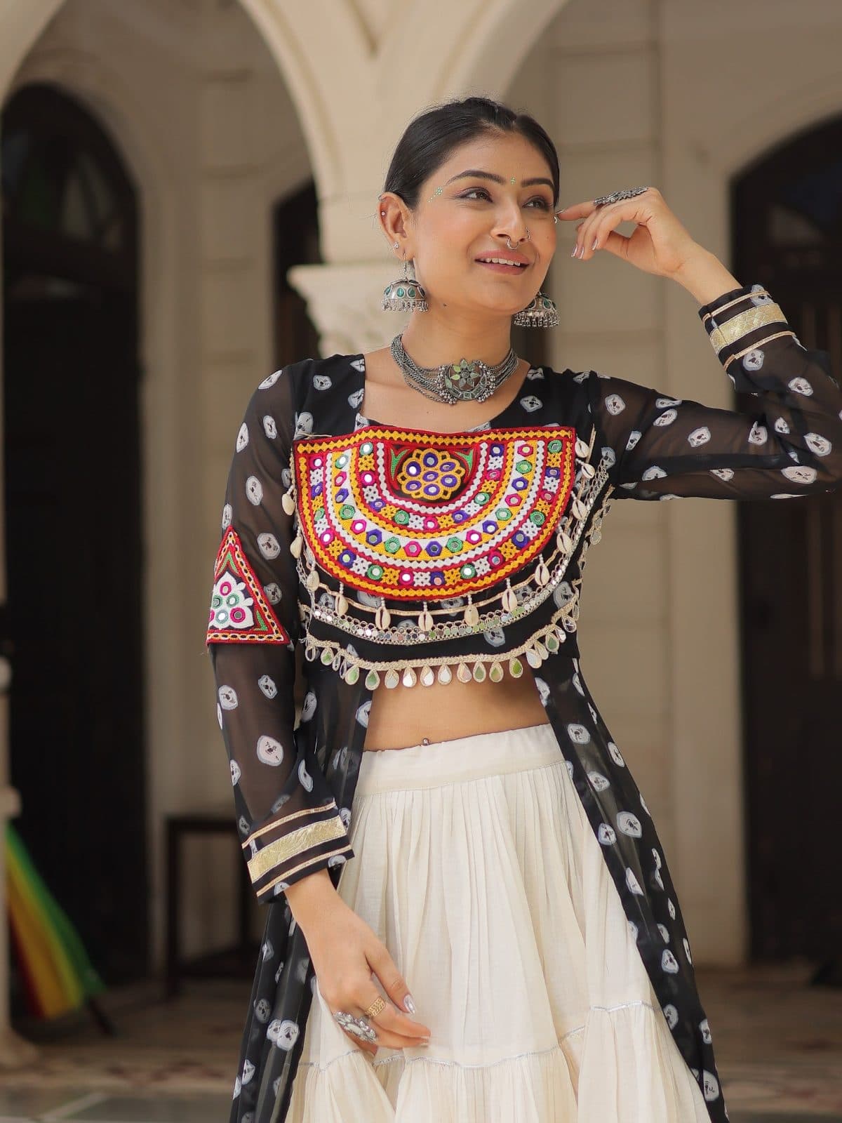Bandhani Print Cape Set with Off-White Tiered Lehenga