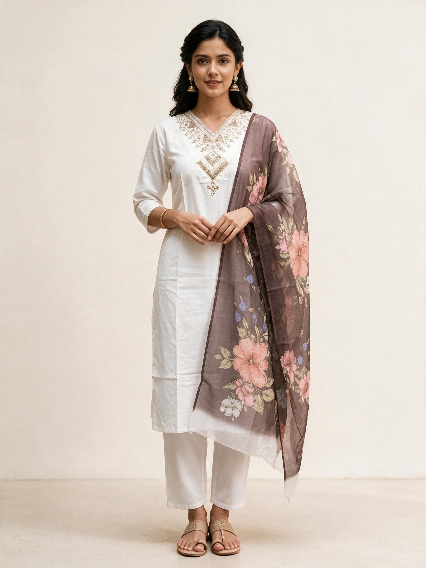 Embroidered V-Neck Kurta Set with Floral Dupatta