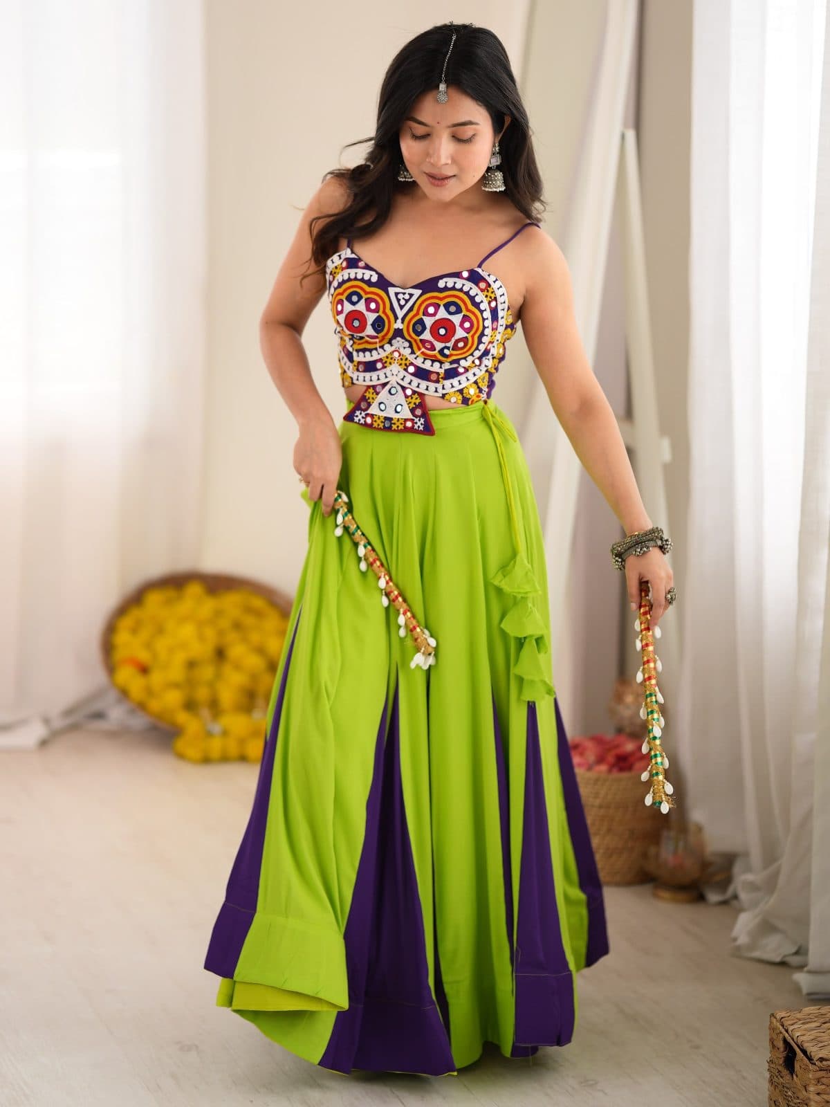 Embroidered Mirror-Work Blouse with Green & Purple Flared Lehenga